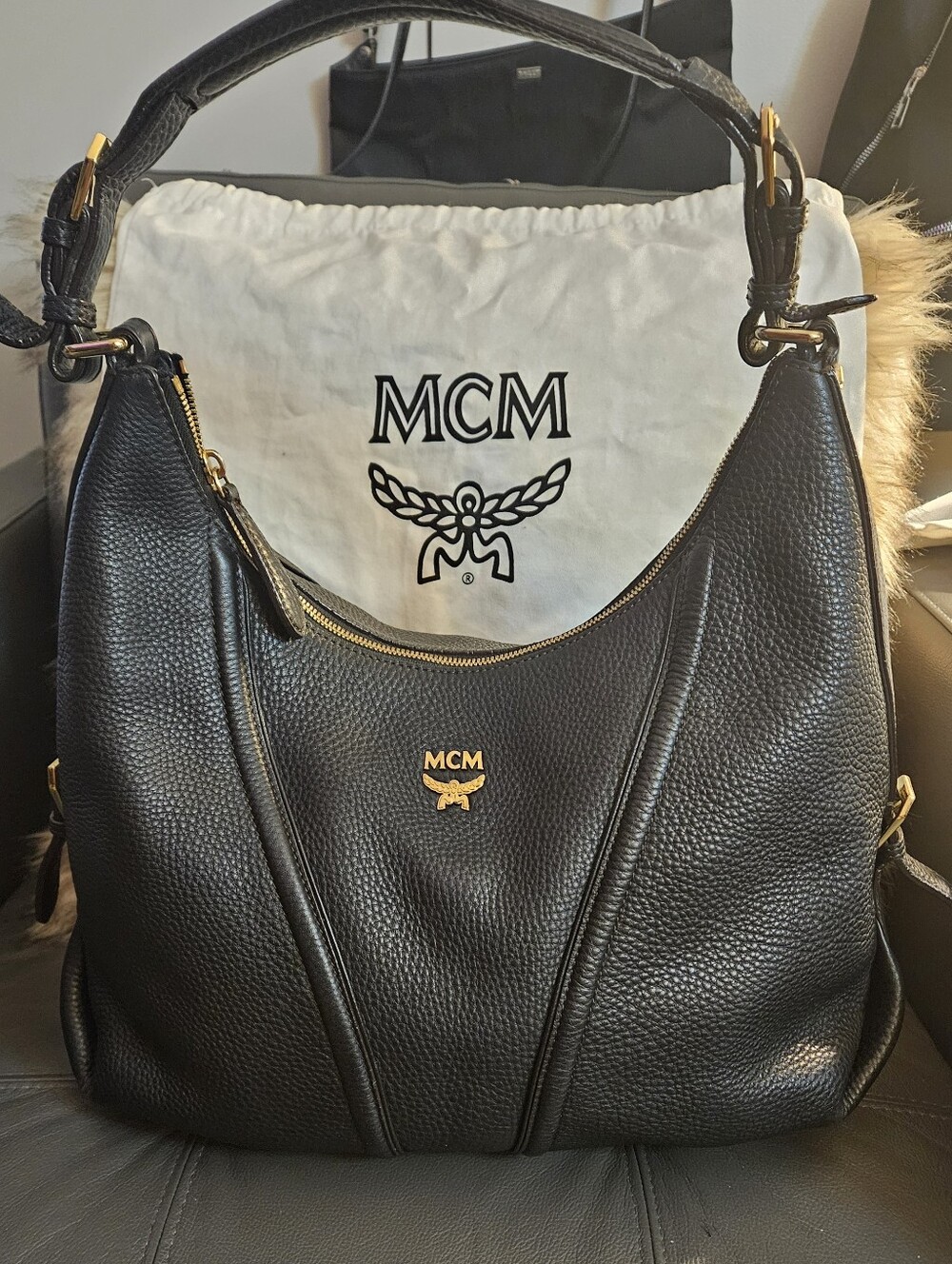 MCM Black Pebbled Leather Hobo Bag